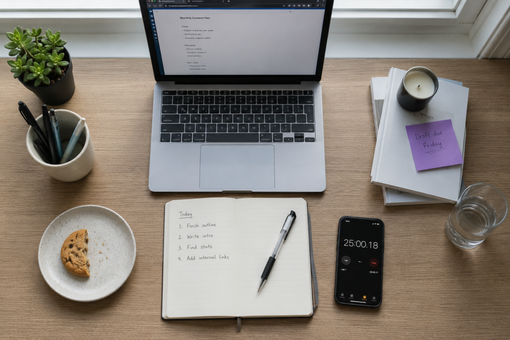 Overhead desk flat-lay showing a four-step routine to fact check AI answers