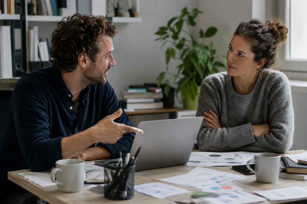 Two colleagues debating whether an AI-generated claim has been properly verified