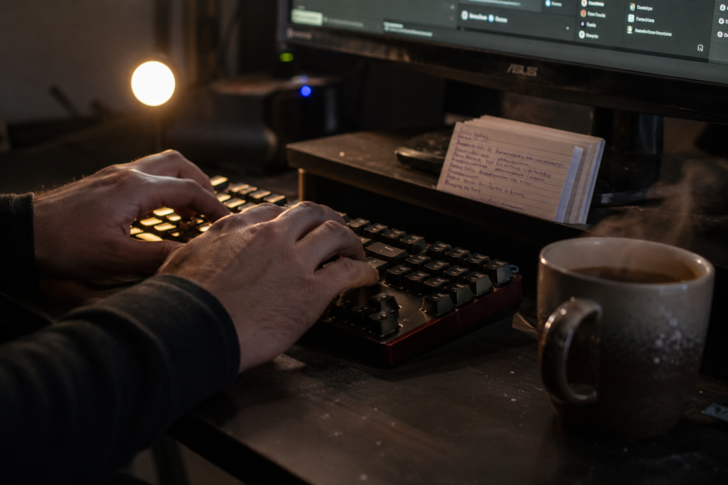 Hands typing a verification prompt into an AI chat tool at a home desk