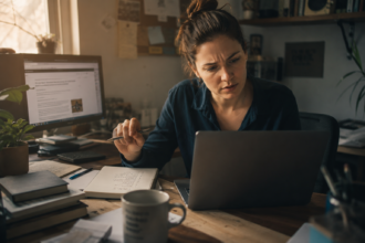 Woman reviewing an AI answer on a laptop while making notes to fact check AI