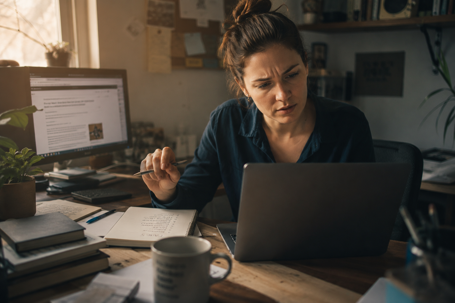 Woman reviewing an AI answer on a laptop while making notes to fact check AI