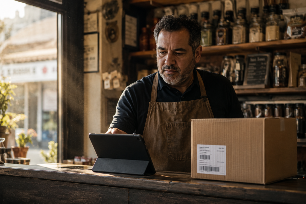 Small business owner checking supplier policy details on a tablet behind the shop counter