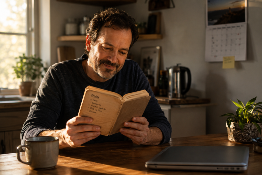 Man reviewing his weekly log of AI errors in a notebook at a kitchen table