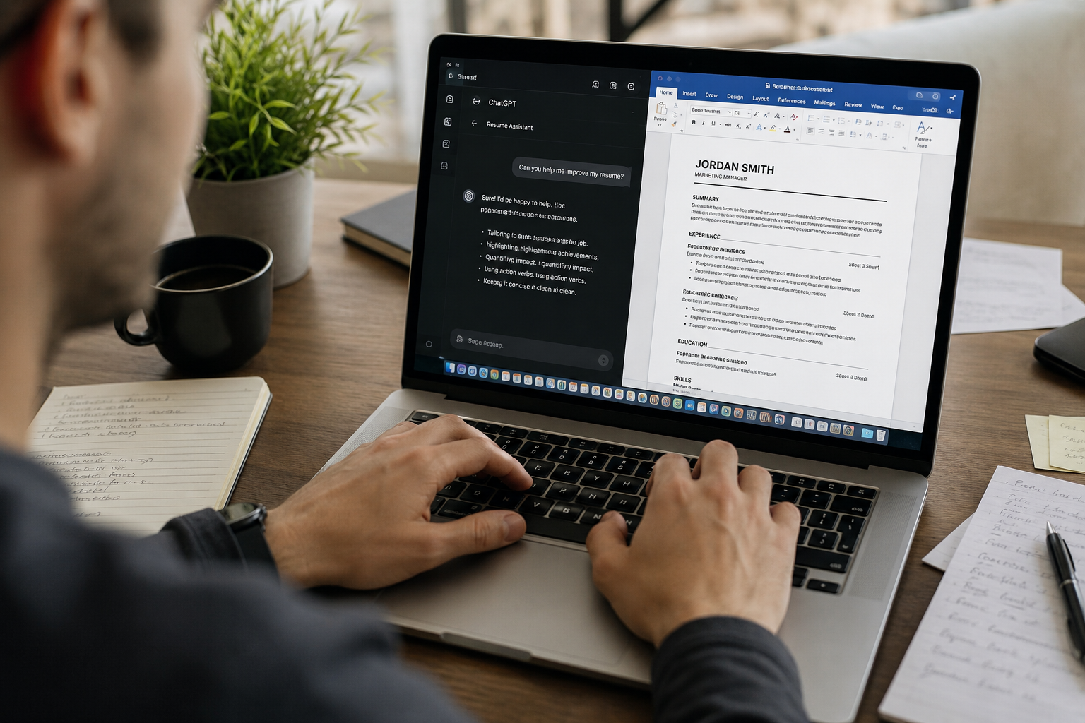 Split screen showing an AI chat prompt next to a resume draft during the writing process