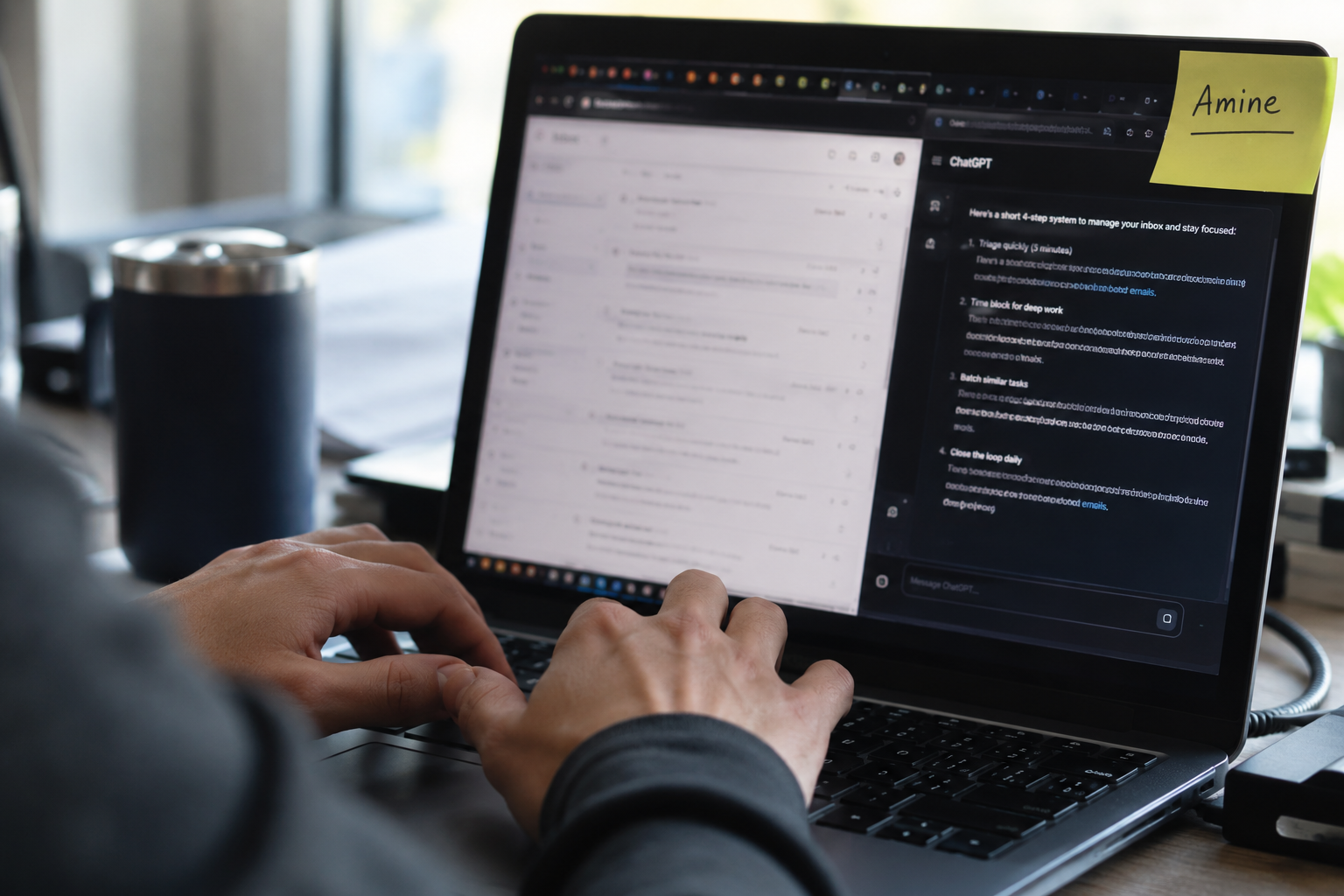 Close-up of a virtual assistant using AI tools to manage client inbox and tasks