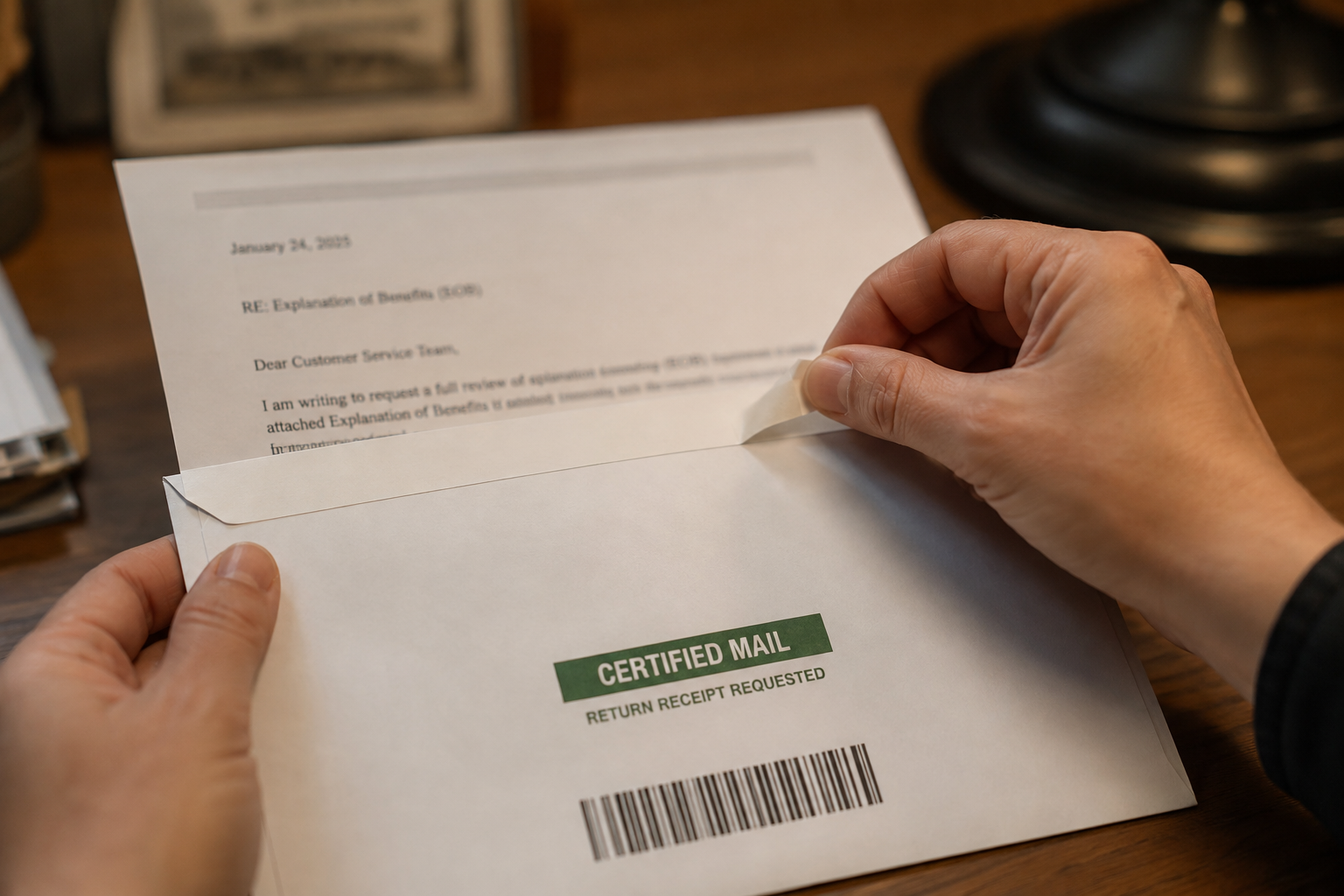 Hand sealing a certified mail envelope containing a complaint letter