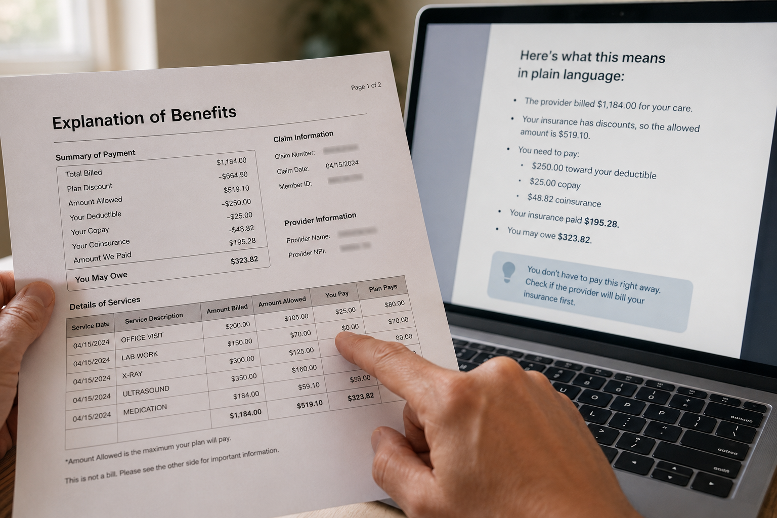 Reviewing an Explanation of Benefits document next to an AI-simplified summary