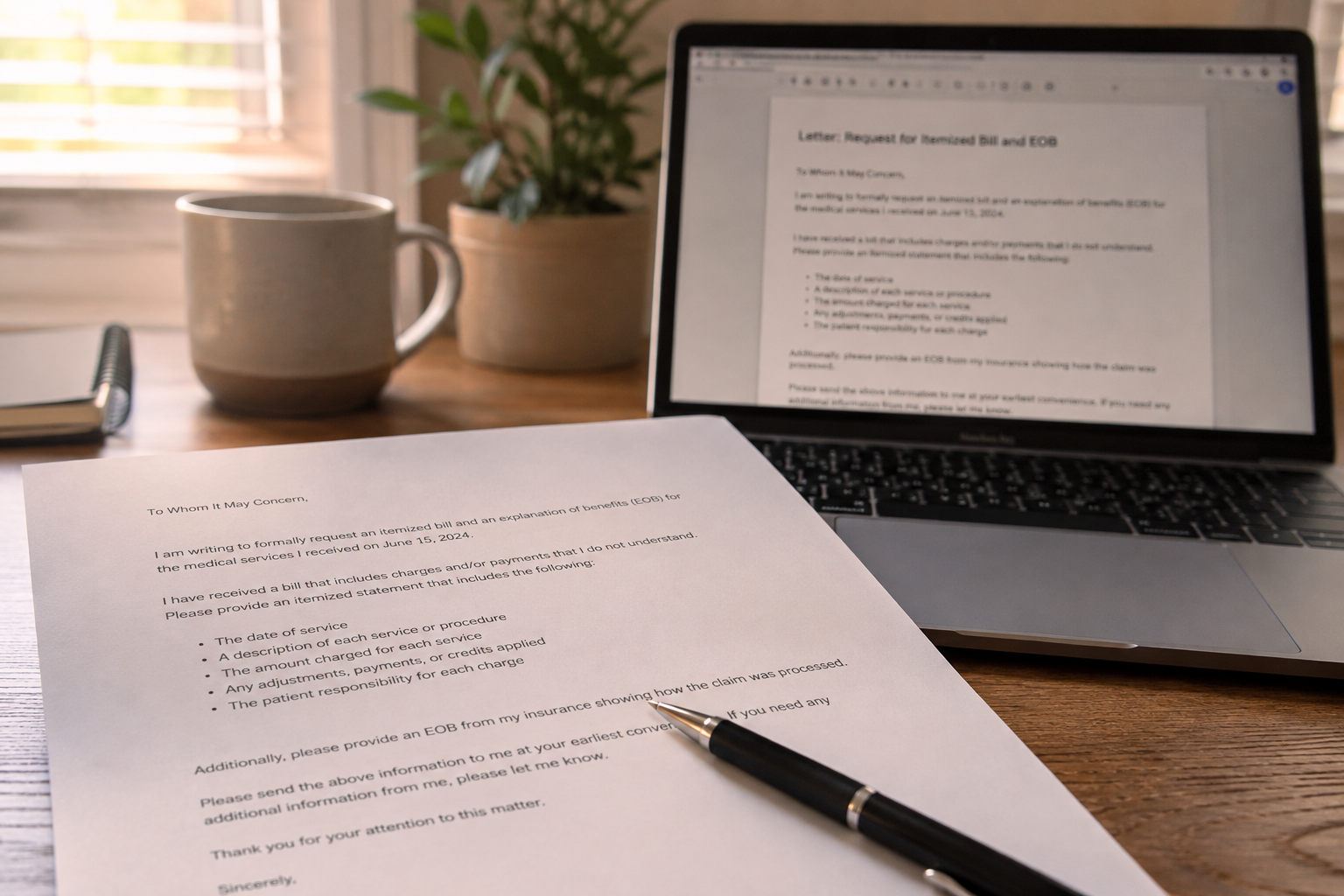 A printed hardship letter draft on a desk, ready for review before sending