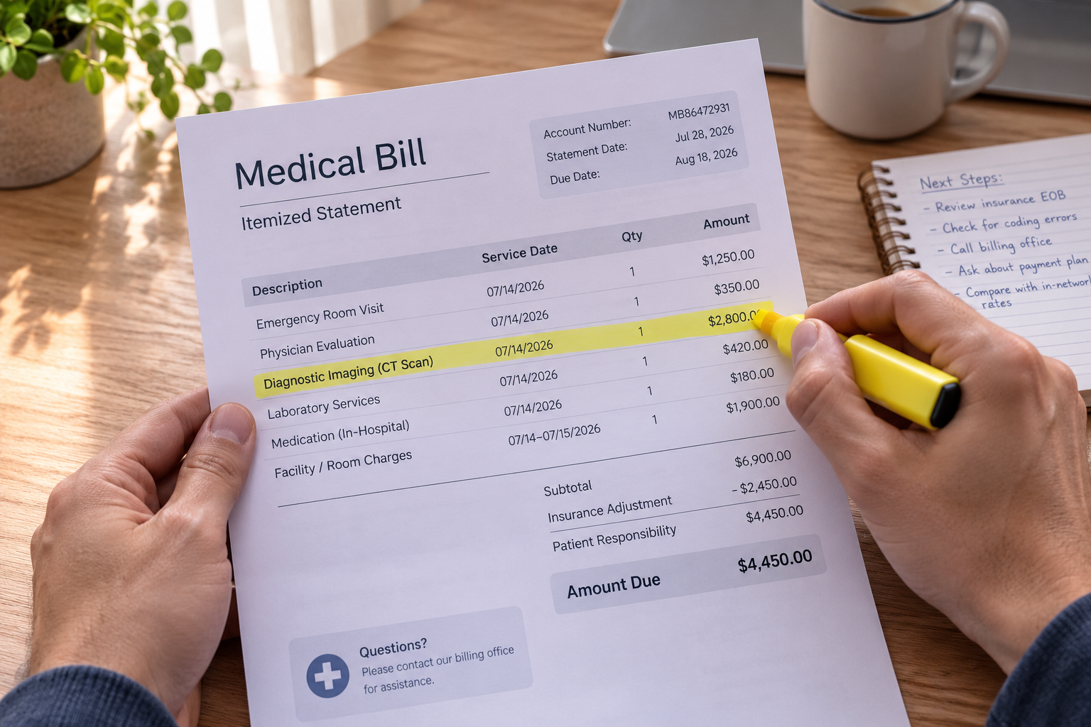 Close-up of hands highlighting a line item on an itemized medical bill