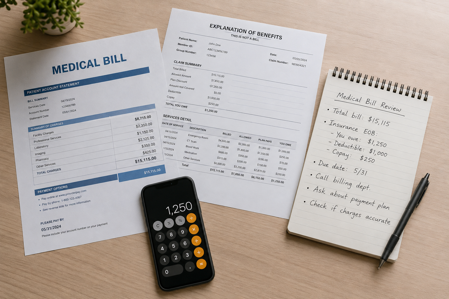 Desk flat-lay of a medical bill, EOB, and prep notes before a negotiation call