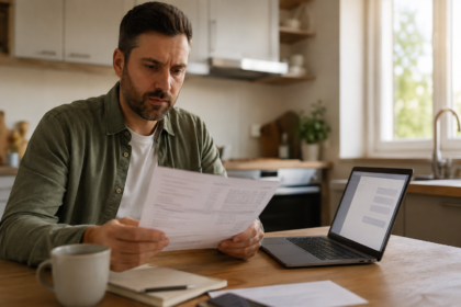Person reviewing a medical bill next to a laptop while preparing to negotiate with AI help