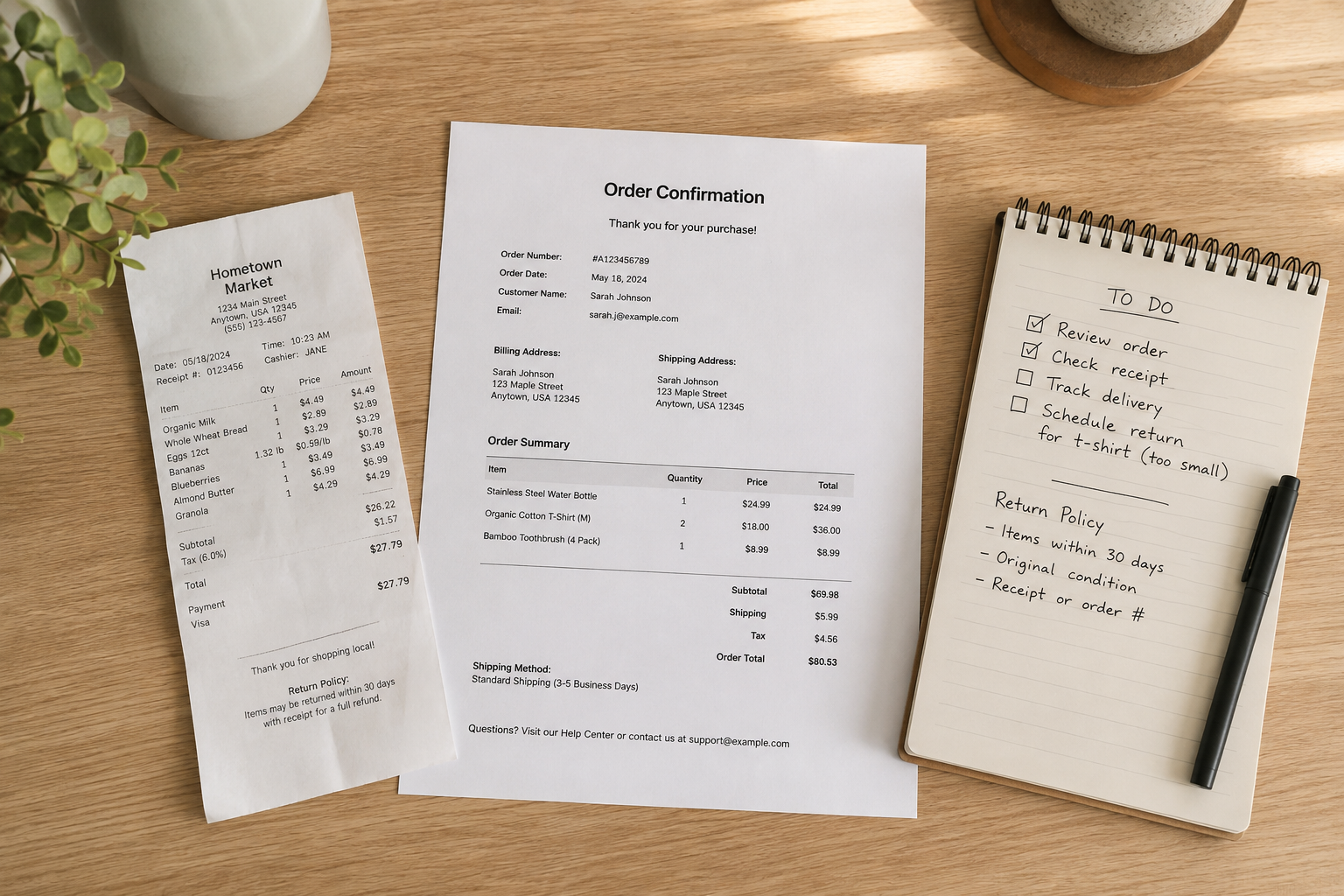 Desk flat-lay of a receipt, order confirmation, and notes before writing a complaint letter