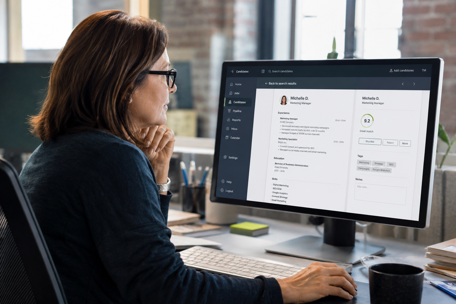 Recruiter reviewing a resume inside an applicant tracking system dashboard