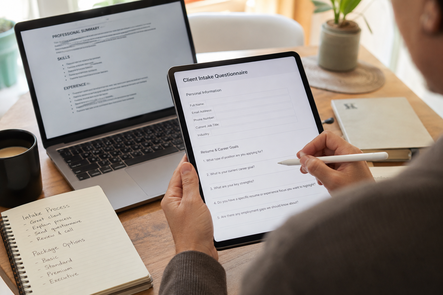 Client intake questionnaire being filled out before writing an AI-assisted resume
