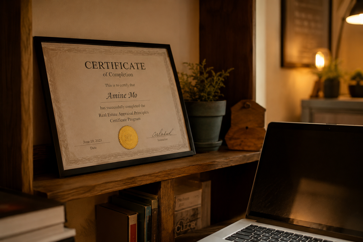 Certificate displayed in a home office representing an optional resume writing credential