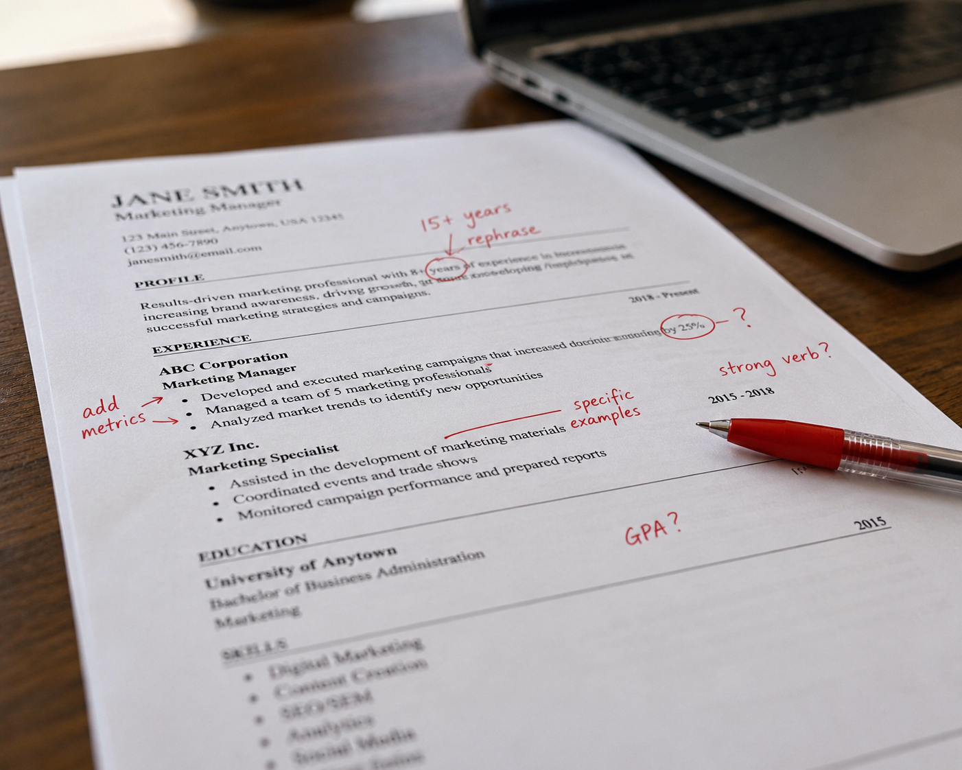 Resume draft being marked up and corrected before it's sent to a client