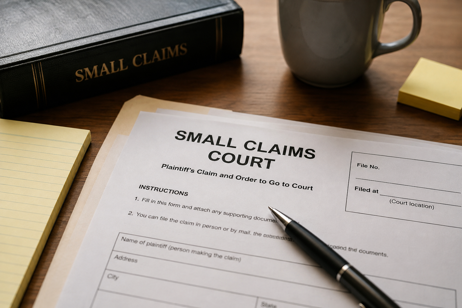 Small claims court paperwork and a pen laid out on a desk