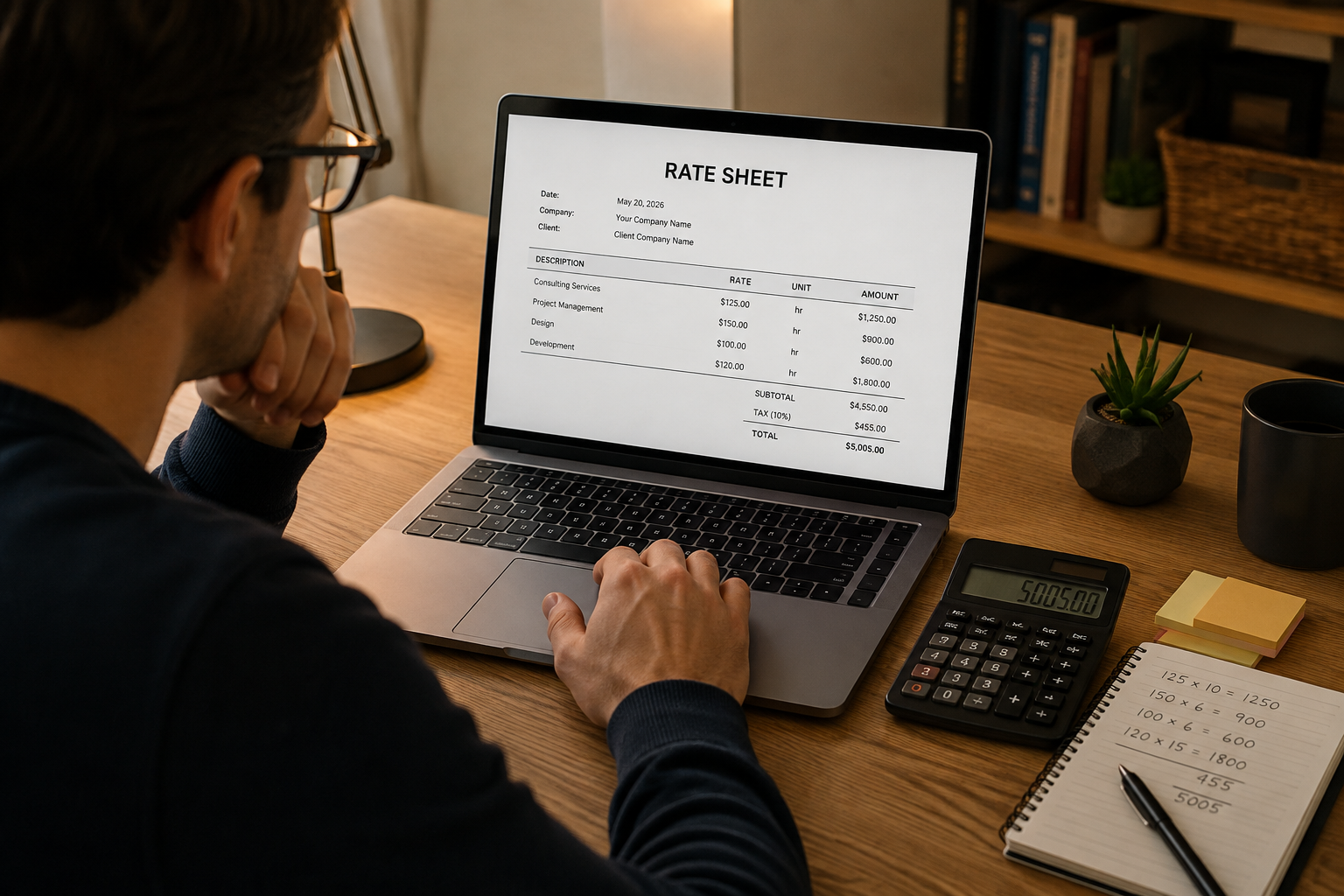 Virtual assistant calculating hourly rates and service pricing