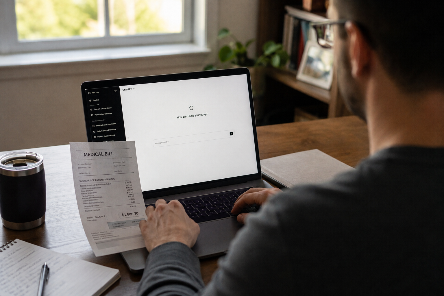 Person typing an AI prompt on a laptop with a medical bill propped beside the screen