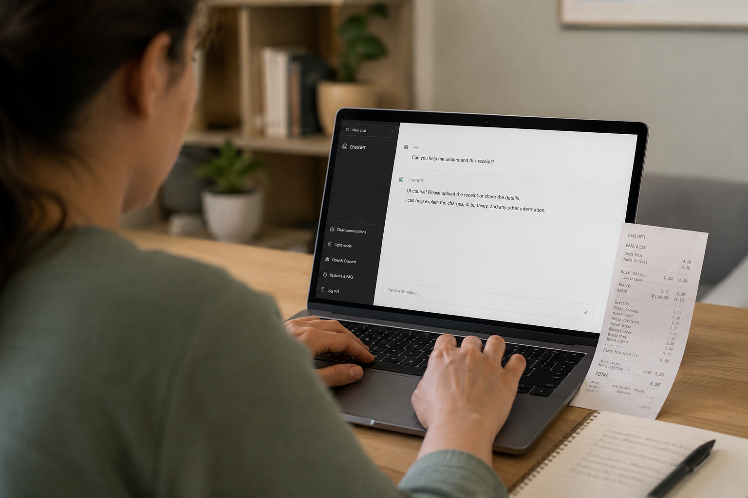 Person typing an AI complaint letter prompt on a laptop with a receipt nearby